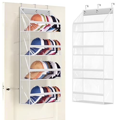 AOODA Clear Over the Door Hat Racks for Baseball Caps, Hold 48 Caps Hat Storage Organizer for Closet Wall, Deep Pockets Hanging Snapback Holder Shelves with 3 Hooks, White - color: White, size: 36.2"