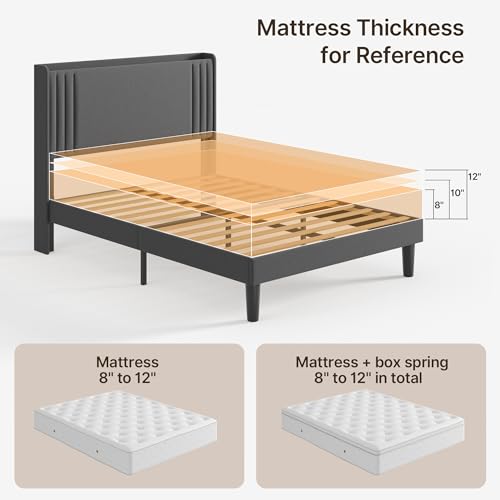 Gizoon Full Bed Frame with Charging Station and LED Lights | Upholstered Wingback Platform Bed with Padded Headboard,Wooden Slats,Noise-Free,No Box Spring Needed, Easy Assembly,Dark Grey - color: Dark Grey+led, size: Full