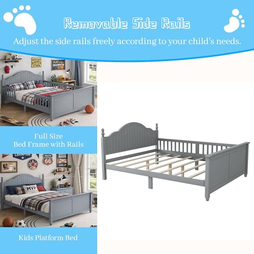 Full Size Kids Bed Frame with Removable Guardrails, Low Profile, Gray | 3 guardrail setups: all installed, front removed or all removed; 8 slats; 6-inch mattress sold separately; no box spring - color: Grey, size: Full