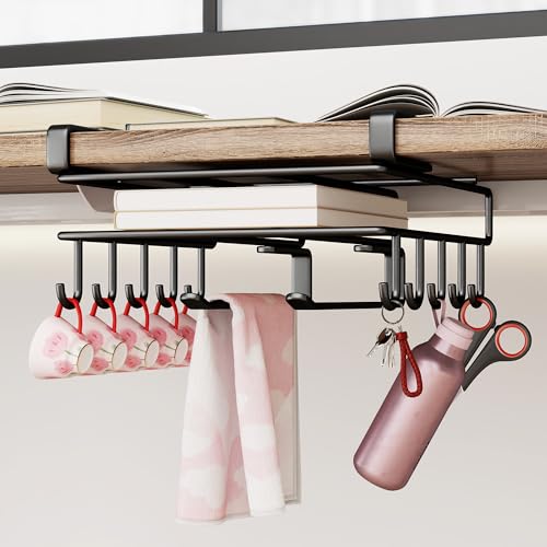 Mug Holder Under Cabinet,Paper Towel Holder for Cabinet,Chopping Board Organizer,No-Hole Multifunctional Stainless Steel Under Cabinet Hooks for Kitchen (White) - color: White
