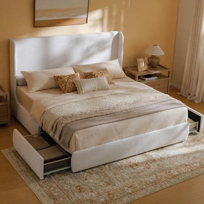 RECCI King Upholstered Wingback Bed Frame with Storage Drawers | 52” Tall Cushioned Headboard, Soft Edges, Low Profile Platform Bed, Sturdy Wood Slats, No Box Spring Needed