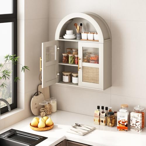 RUSTOWN Arched Bathroom Wall Cabinet with 2 Glass & Rattan Doors | Rattan Medicine Cabinet, Farmhouse Over the Toilet Storage Cabinet, Adjustable Shelves, 3-Tier Wall Mounted Cabinets - color: Rustic White