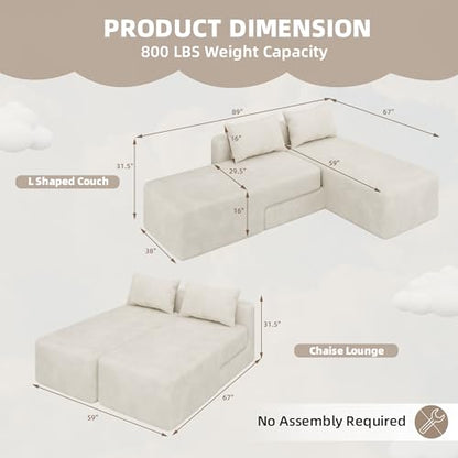 Boneless Sectional Couch, 4 in 1 Convertible Cloud Couch with Reversible Chaise & Deep Seat, Modular Sectional Sofa for Apartment, No Assembly Chenille Foam Couch in a Box, Beige - color: Beige, size: 89" Convertible Chaise Chenille