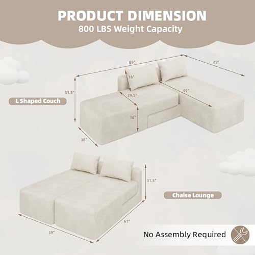 Boneless Sectional Couch, 4 in 1 Convertible Cloud Couch with Reversible Chaise & Deep Seat, Modular Sectional Sofa for Apartment, No Assembly Chenille Foam Couch in a Box, Beige - color: Beige, size: 89" Convertible Chaise Chenille