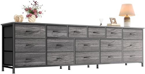 Huuger 77.6" Long Dresser for Bedroom, 16 Drawer Fabric Dresser for Closet, Wide Chest of Drawers with Storage, TV Stand for 65, 75, 85 Inch TV, 77.6" W x 13" D x 26.4" H, Grey - color: Grey