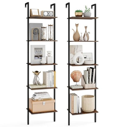 Tangkula 5-Tier Ladder Shelf, 70 Inch Wall-Mounted Open Bookshelf with Anti-Tipping Kits, Metal Frame, Industrial Display Rack Storage Vertical Bookcase for Living Room Home Office (2, Rustic Brown)