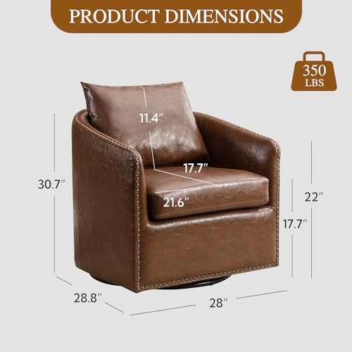 HAOMARKETS 360 Degree Swivel Barrel Chair with Plump Back Pillow, Waterproof Oil Waxed PU Leather Swivel Armchair with Rivets, Comfy Vintage Round Accent Chair for Living Room - color: Cognac Brown