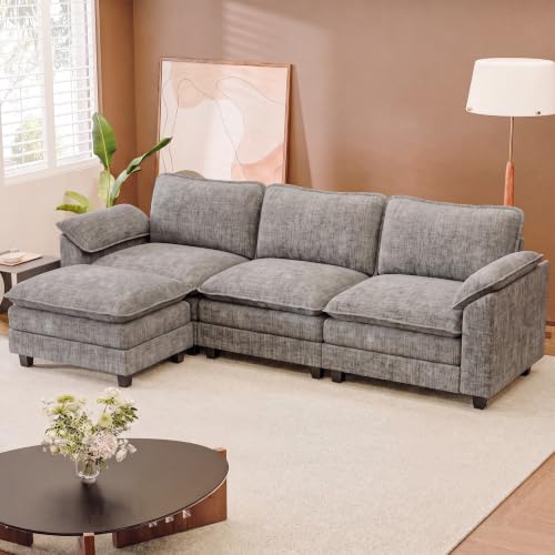 JUMMICO 118.9" L Shaped Sectional Couch, Modular Cloud Sofa, Light Grey | Comfy Chenille, Movable Ottoman, Deep Seat, Double Layer Cushion, 3 Seat, High-Density Foam, for Living Room - color: Light Grey, size: L Shaped Sofa