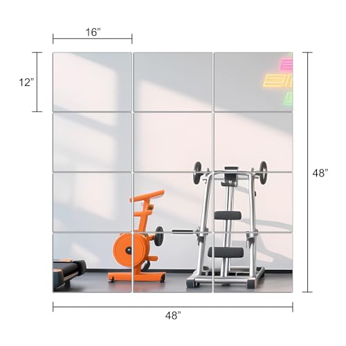 Wall Mirror Tiles, 16" x 12" x 12PCS Home Gym Mirror Tiles Frameless Glass | Workout Mirror Tiles for Garage, Bedroom, Living Room, Over The Door, Frameless Mirror Sets - size: 16"x12"-12pcs