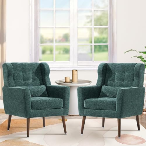 Modern Accent Chair, Upholstered Armchair with Pillow, Fabric Single Sofa Chair with Lounge Seat and Wood Legs Accent Chair for Living Room Bedroom Small Spaces (Blackish Green, Set of 2) - color: Blackish Green, size: Set of 2