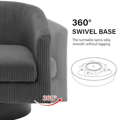 Swivel Barrel Accent Chair, Comfy Reading Armchair, Charcoal, Set of 1 | Club Chairs for Adults, Low-Back Design, Modern Round Style, Solid Wood Frame & Metal Swivel Base, For Living Room & Bedroom - color: Charcoal