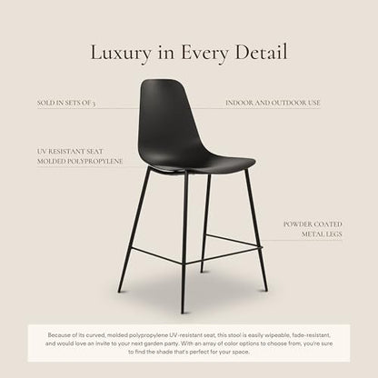 Poly & BARK Isla Bar Stools Set of 3 – Counter Height Bar Stool for Kitchen – Set of Counter Stools – Indoor/Outdoor Barstools – Modern Kitchen Bar Stools - Ebony Black - color: Ebony Black, style: Isla Counter Stool Set of 3