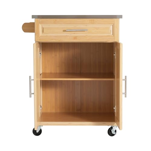 Christopher Knight Home ZAH Bamboo Rolling Cart with Drawers, Kitchen Bar Cart on Wheels with Stainless Steel Top, Mobile Rolling Kitchen Cart Storage Cabinet, Serving Cart, 29.13'' x 18.5'', Natural - size: Small