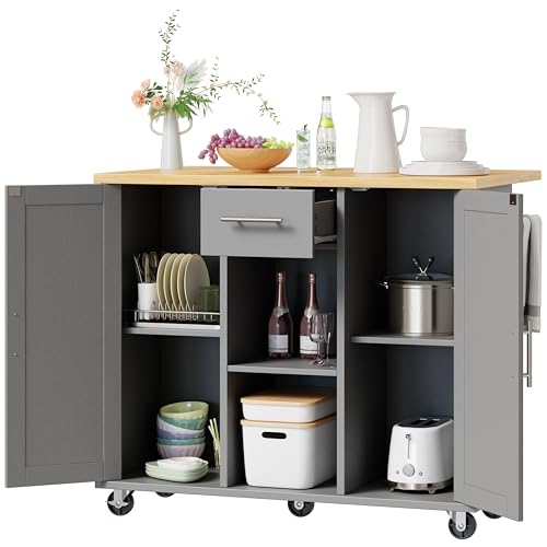 Shintenchi Kitchen Island with Storage, Bar Cart Cabinet Island Table on Wheels, Rolling Microwave Cart for Kitchen with Drop Leaf, Drawers, Towel Rack, Seating Area for Dining Room, Gray - color: Gray-42 Inch