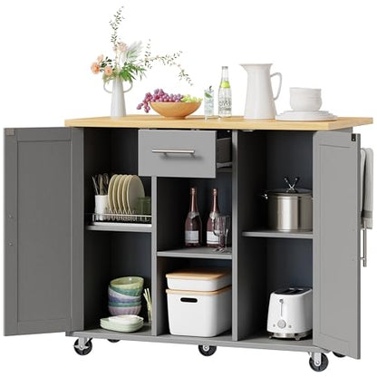 Shintenchi Kitchen Island with Storage, Bar Cart Cabinet Island Table on Wheels, Rolling Microwave Cart for Kitchen with Drop Leaf, Drawers, Towel Rack, Seating Area for Dining Room, Gray - color: Gray-42 Inch