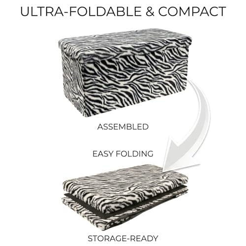 Luxe Faux Fur Storage Ottoman, Zebra Black/White, 30 x 15 x 15 in | Engineered Wood, Tool-Free Assembly, Modern Style, Seat And Footrest - color: Zebra Black/White, size: 30"D x 15"W x 15"H