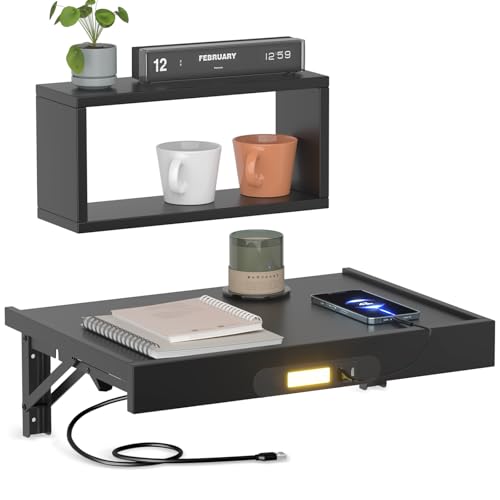 TEAMIX Floating Nightstand with Charging Station, Wall Mounted Folding Bedside Shelf Combo Nightstand with Led Light USB Type C Ports, Space Saving Bed Side Tray Storage for Bedroom, Living Room, Dorm - color: Black, size: Upgraded