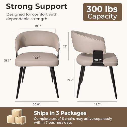 Dining Chairs Set of 6, Modern Upholstered Faux Leather Kitchen Chairs with Curved Back, Easy to Assemble & Clean for Dining Room, Restaurant, Cafe, Warm Gray | Faux Leather Upholstery, Curved Back, Metal Legs, Easy Clean, Dining Room, Breakfast Nook, Res
