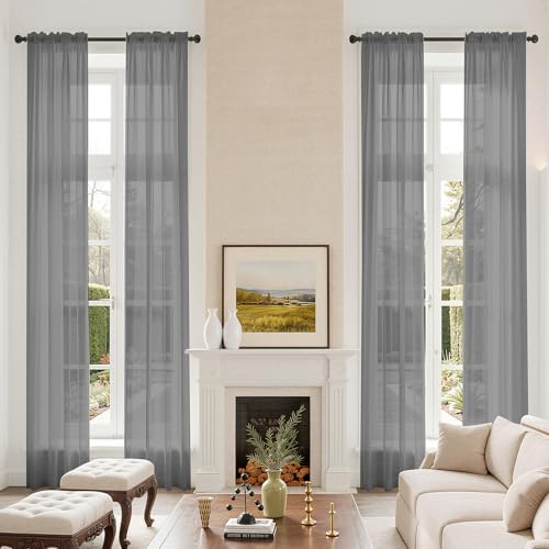 Extra Long Semi Sheer Curtains 17Ft, Rod Pocket 2 Story Drapes Light Filtering Tall Windows Drapes for High Living Room 1 Panel 52x204 Grey - color: Grey, size: 52"W x 204"L (Pack of 1)