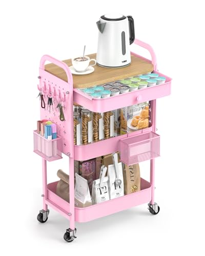 ALVOROG 3 Tier Metal Rolling Cart with Drawer,Wood Top,Pegboards,Pink | Storage Utility Cart with Drawers,Pegboards,Lockable Wheels,Baskets,Hooks for Kitchen,Office,Bedroom,DIY Supplies - color: Cherry Blossom Pink