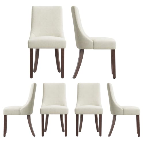 MALOL Wooden Dining Chairs Set of 6, Upholstered Kitchen & Dining Room Chairs with Solid Wood Legs Curved Backrest Farmhouse Accent Chair for Dining/Kitchen/Living Room, Beige - color: Beige, size: Set of 6