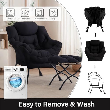 Lazy Chair with Ottoman, Soft Comfy Chair for Bedroom, Black | Reading Accent Lounge Chair with folding Foot Stool for Living Room Dorm Apartment, sturdy metal frame - color: Black