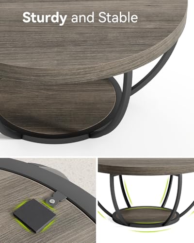 LITTLE TREE Round Coffee Table, 32" Circle Coffee Tables for Living Room | 2-Tier Wood Accent Center Table with Open Storage Industrial Design Home Furniture (Grey and Black) - color: Grey and Black