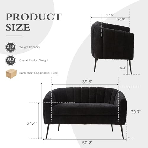 Chifee & Vingol Black Loveseat Sofa 50.2'' Wide Upholstered Loveseat Accent Couch with Metal Legs Modern 2-Seater Sofa for Living Rooms Bedroom Apartment Office,Black - color: S3055-black