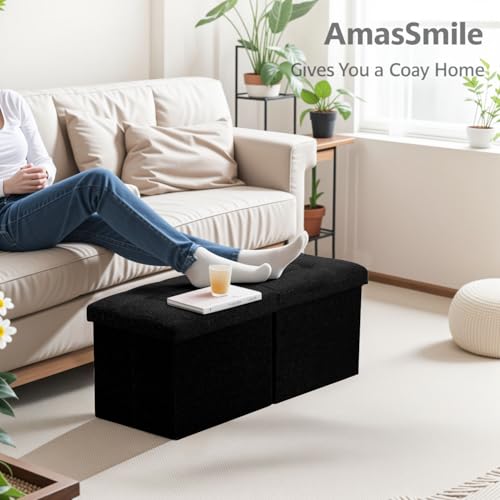 AmasSmile Footrest Ottoman Storage Bench,34" Linen Folding Chest,Black | Large Ottoman with Storage,Thicker Foam Padded Seat,Livingroom,Dorm,Bedroom,Entryway,Easy to install,34 x 13 x 13in - color: Black-linen