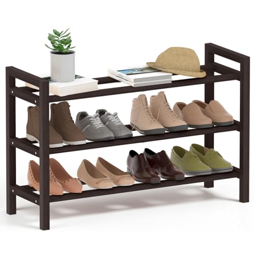 Bamboo Shoe Rack for Closet, Free Standing Shoe Organizer, Brown, 3-Tier | with Smooth Round Rods & Convenient Handles, Stackable Shoe Storage Shelf for Entryway, Hallway - color: Brown, size: 3-Tier_Standard