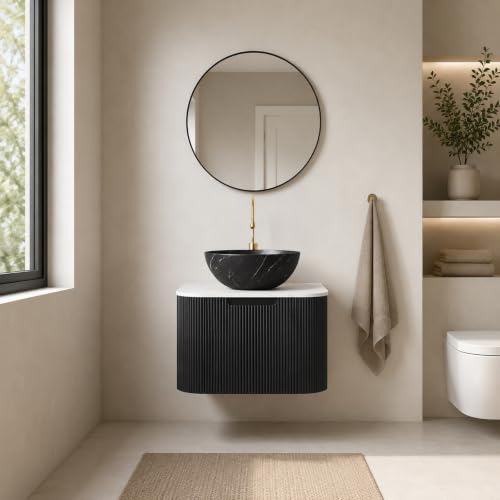24" Floating Bathroom Vanity with Sink, Wall Mounted Plywood Cabinet, Black Fluted Front, Sintered Stone Countertop, Black Marble-Look Ceramic Bowl Vessel Sink, Soft-Close Drawer, Pre-Assembled - color: Black Cabinet / Black Marble Bowl Sink, size: 24 Inc