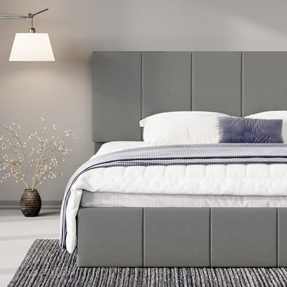 Allewie King Size Dutch Velvet Upholstered Platform Bed Frame/Vertical Channel Tufted Adjustable Headboard/Low Profile Bed Frame/No Box Spring Needed/Easy Assembly/Grey - color: Grey, size: King