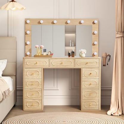 Fluted Vanity Desk with Mirror and Lights, Power Outlets, Modern Wood Vanity Desk Makeup Table with 11 Drawers, 3 Color Modes Dressing Table with Storage for Bedroom, Living Room, Natural - style: Natural
