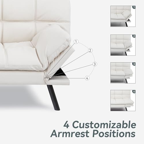 Futon Sofa Bed Convertible Couch, White Faux Leather Sofa Bed | Adjustable Backrest & Armrests, Multifunctional Small Loveseat Sleeper Sofa for Living Room, Apartment, Office, Foam Couch - color: A7 | White