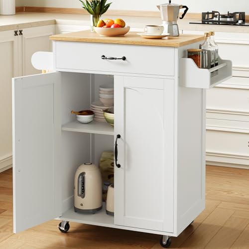 Kitchen Island Cart, Small Kitchen Island with Storage Cabinet and Drawer, Rolling Kitchen Cart on Wheels with Spice Rack and Towel Rack, for Kitchen, Dining Room, White and Natural - color: White + Natural