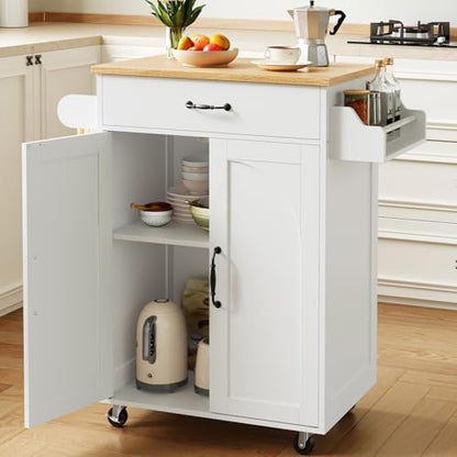 Kitchen Island Cart, Small Kitchen Island with Storage Cabinet and Drawer, Rolling Kitchen Cart on Wheels with Spice Rack and Towel Rack, for Kitchen, Dining Room, White and Natural - color: White + Natural