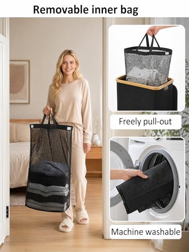 IEGrow Laundry Hamper with Lid,110L Laundry Basket with 2 Mesh Bags,Black | Dirty Clothes Hamper Basket with Bamboo Handle for Clothes Towels - color: Black, size: 111L