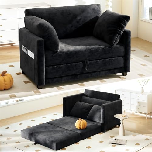 Myroyalsit 51" Convertible Loveseat Sofa Bed, 2-in-1 Folding Sofa Bed with 2 Pillow for Small Spaces, Modern Loveseat Sleeper Couch for Apartment, Living Room & Guest Room (Chenille Black, 51 inch) - color: Black Chenille, size: 51 inch