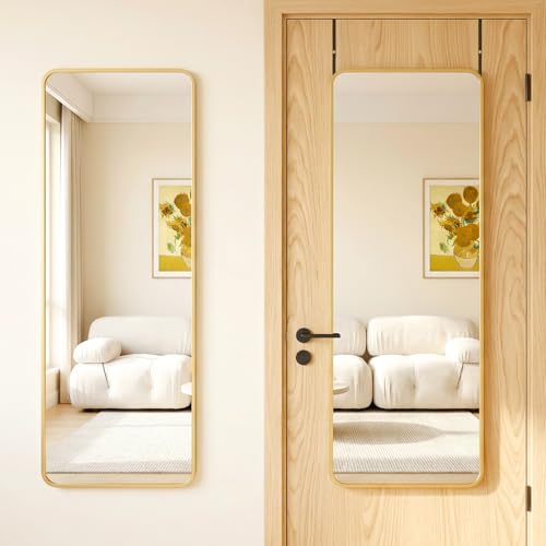 Antok 58"x20" Over the Door Mirror, Full Length Mirror Door Hanging with Aluminum Metal Frame, Rectangle Wall Mounted Body Mirrors for Bedroom, Dressing & Makeup Mirrors for Daily Outfit Check, Gold - color: Gold, size: 58"L x 20"W