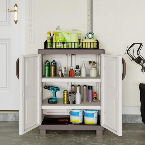 GIANTEX Storage Cabinet with 2 Doors and Adjustable Shelves, Modern Plastic Base Garage Organizer, Floor Sideboard for Kitchen, Dining Room, Bathroom (Wide-29"x19"x37",White+Brown) - color: White+brown, size: Wide-29"x19"x37"