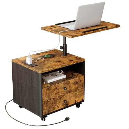 Bedroom Nightstand with Drawers & Charging Station, Adjustable Height Bedside Table with Wheels, Wooden Small Sofa Side Tables with Storage for Living Room, Rustic Brown - color: [A3] Rustic Brown