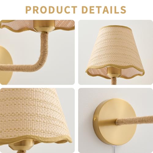 Set of Two Plug in Wall Sconce with 70.8inch Cord and Switch, Hand Woven Ratten Wall Sconces with Grass-Woven Lampshade for Bedroom Living Room Hallway Porch, E26 Base - size: 2-Pack Plug in