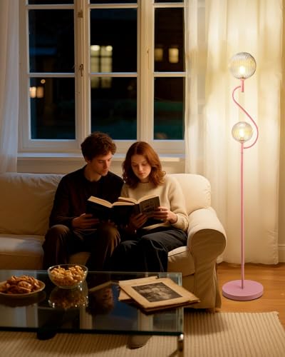 Lightdot Pink Floor Lamp, Mid Century Tall Standing Lamps with Globe Clear Glass Shade Soft Warm White Bulbs Included, Modern Unique Floor Lamp for Living Room/Bedroom/Sofa Beside/Corner Decor - color: 2 Clear Globe-Pink
