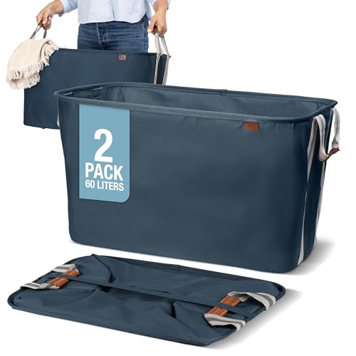 CleverMade Collapsible Laundry Basket LUXE, 60L Pop-Up Hamper, 2 Pack, Navy | Elevate Open-Room Laundry Storage | Refined Fabric and Vegan Leather Add Polish, While Each Basket Holds 55 lb - color: Navy Noir