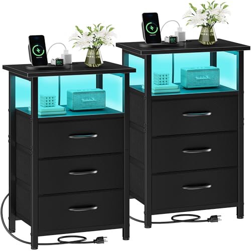 Night Stand Set 2 with Charging Station, LED Nightstand for Bedroom, Bedside Table with 3 Fabric Drawers, End Table Side Table with USB Ports & Outlets, Bed Side Table for Bedroom, Black - color: Black, size: 2 Pieces, style: With LEDs