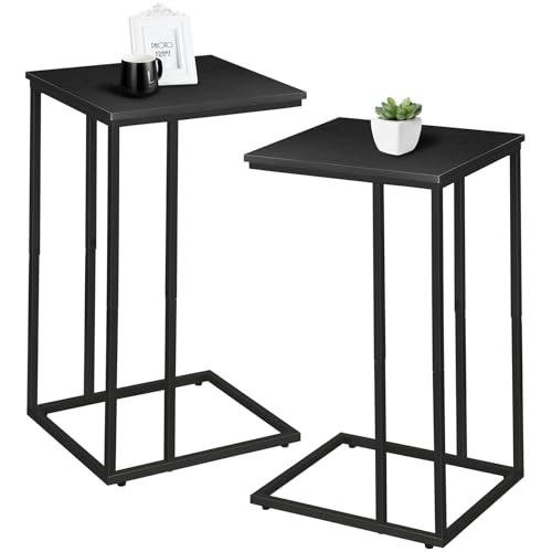 C Shaped Side Table Set of 2, Skinny Sofa Table for Sofa and Bed, Couch Tables That Slide Under, Small End Tables for Living Room, Bedroom or Small Spaces, Black - color: Black Table Top