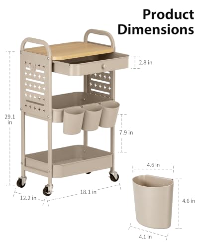 ALVOROG 3 Tier Metal Rolling Cart with Drawer,Wood Top,Pegboards,Khaki | Storage Utility Cart with Drawers,Pegboards,Lockable Wheels,Baskets,Hooks for Kitchen,Office,Bedroom,DIY Supplies - color: Khaki