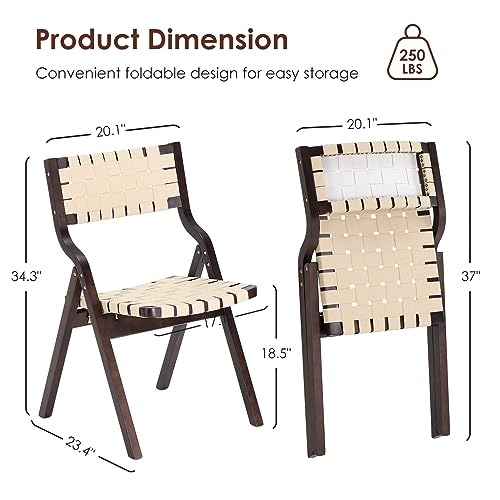 Wood Folding Chairs, Foldable Chairs Wooden Indoor Stackable Dining Chairs for Kitchen & Dining Room Chair Woven Seat & Webbing Back, Dining Chair Set of 2 - color: Brown Walnut/Beige, Pu Leather