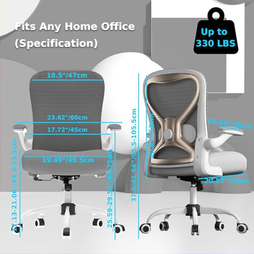 Ergonomic Home Office Chair, 4-Way Lumbar, Thick Cushion, 330LBS | Adjustable Lumbar (up/down/in/out), Rocking Mesh Back, Flip-up Arms, Easy Assembly, Ideal for home offices & small workspaces - color: Gray+champagne