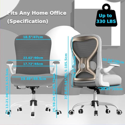 Ergonomic Home Office Chair, 4-Way Lumbar, Thick Cushion, 330LBS | Adjustable Lumbar (up/down/in/out), Rocking Mesh Back, Flip-up Arms, Easy Assembly, Ideal for home offices & small workspaces - color: Gray+champagne